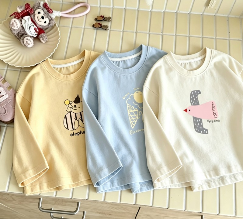 Baby Clothing Elephant - 幼児向け漫画風ゾウとアイスクリームと鳥柄長袖Tシャツ、軽量コットンキッズクルーネックトップ、可愛いシンプルアニマル柄ベビー服
